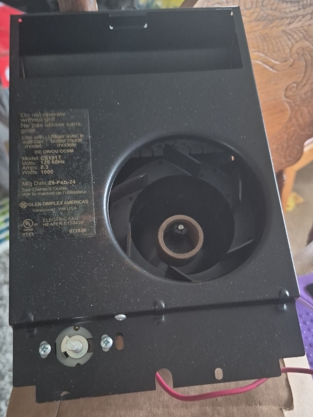 Cadet Black Electric Heater Fan Assembly 1,000/750W.   240/208V 60Hz Never Used